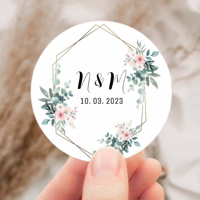 Adesivo Monograma Verde Elegante Casamento Eucalyptus (Elegant Green Monogram Eucalyptus Wedding Classic Round Sticker)