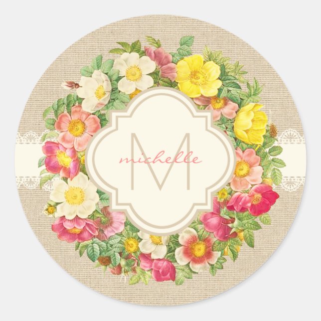 Adesivo Monograma Vintage Floral Wreath Linen Round Sticke (Frente)