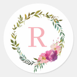 Adesivo Monograma Watercolor Laurel Pink Flower Wreath