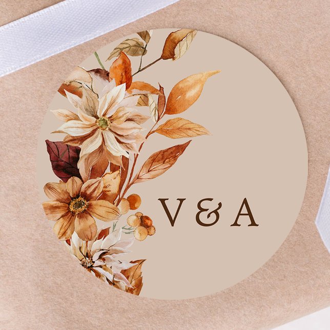Adesivo Monogramado de Folhas de Outono Rústico (Rustic Autumn Leaves Monogrammed Round Sticker
by Painted Paperie)
