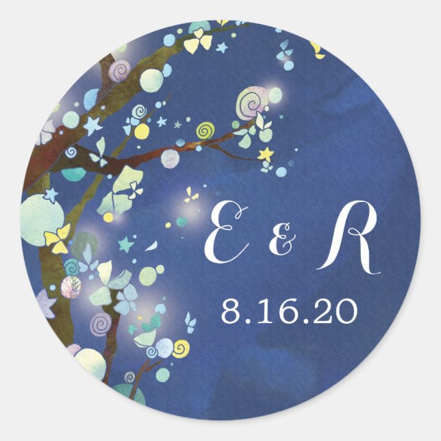 Adesivo Monogramas de Casamento Azul da Floresta Noturna (Frente)