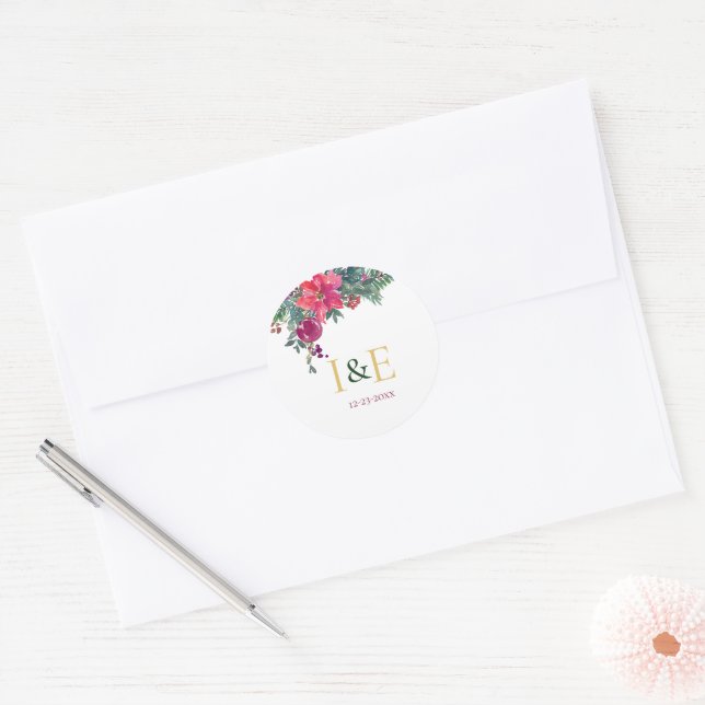 Adesivo Monogramas de Casamento Floral de Natal Rosa (Envelope)