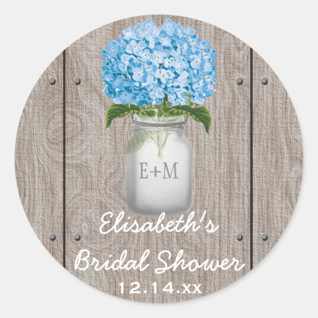 Adesivo Monogramas Mason Jar Blue Hydrangea Chá de panela (Frente)