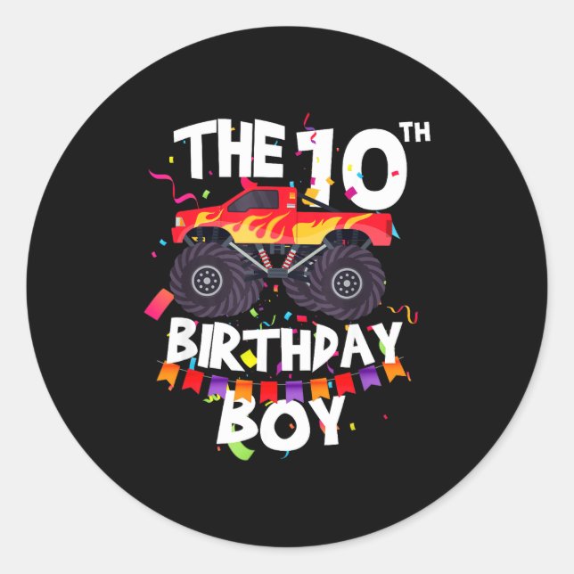 Adesivo Monster Truck 10th Birthday Boy Funny 10 Years Old (Frente)