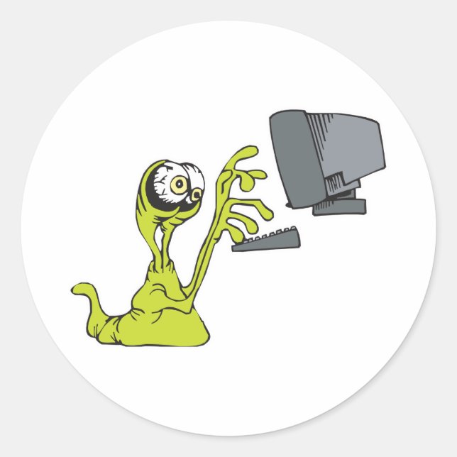 Adesivo monstro alienígena blob digitando em computador ve (Frente)