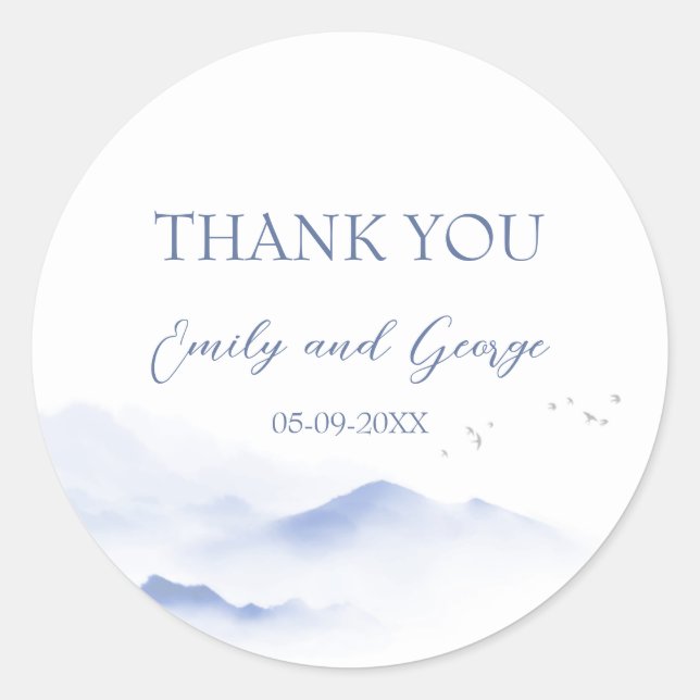 Adesivo Montanhas azuis e vinhetas de casamento de aves (Frente)