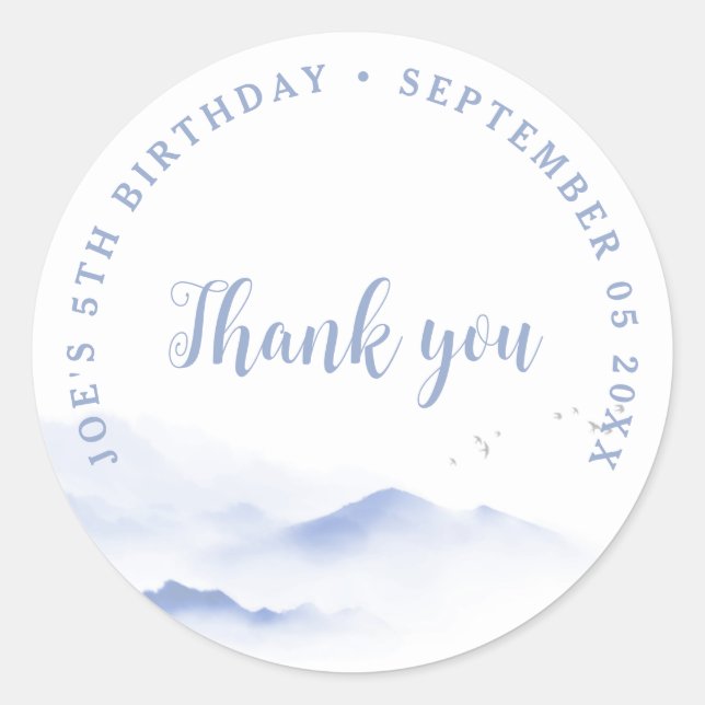 Adesivo Montanhas Azuis Obrigado aniversário (Frente)