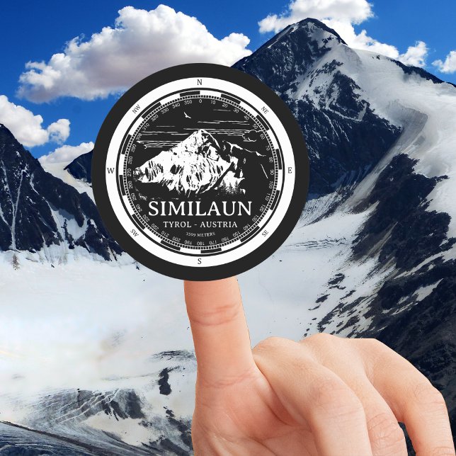 Adesivo Monte Similaun - Alps do Tirol Áustria (Mount Similaun Round Sticker in Back with a white compass and mountain illustration)
