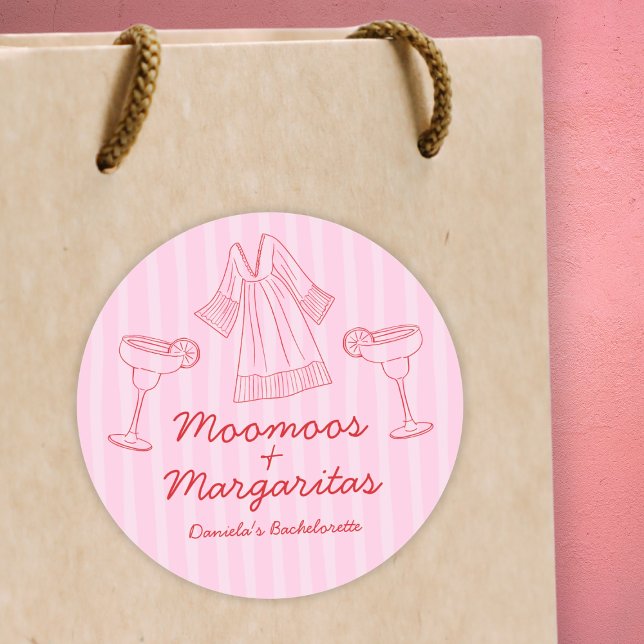 Adesivo Moo Moos & Margaritas - Bachelorette Rosa e Vermel (Moo Moos & Margaritas Pink & Red Bachelorette Classic Round Sticker)