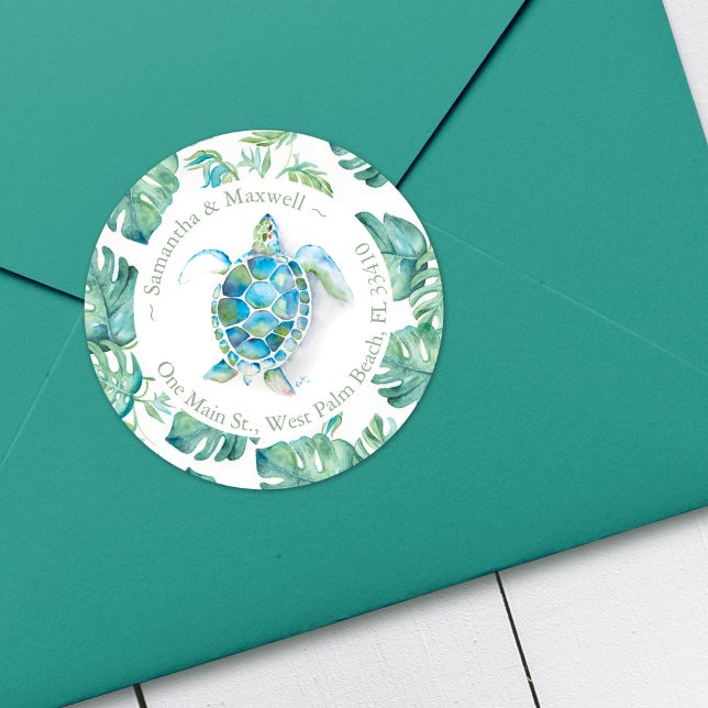 Adesivo Morada de Devolução de Tartaruga e Greenerescência (Return address labels beach watercolor sea turtle art by Victoria Grigaliunas of Do Tell A Belle)