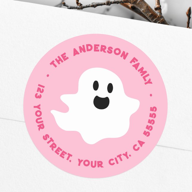 Adesivo Morada fantasma fantasma de Halloween cor de rosa (Spooky ghost Halloween pink return address Classic Round Sticker)