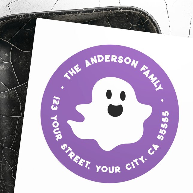 Adesivo Morada fantasma fantasma de Halloween púrpura (Spooky ghost Halloween purple return address Classic Round Sticker)