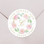 Adesivo Morada Floral Cor-de-rosa monograma Endereço de de<br><div class="desc">Etiquetas de endereço redondo,  concebidas por medida personalizada,  que incluem design de cor aquosa pastel cor-de-rosa.</div>