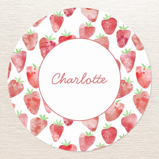 Adesivo Morango Personalizado (Strawberry watercolor pattern personalized custom name script font sticker)