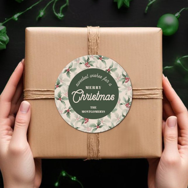 Adesivo Morangos de Azevinho de Natal Comida Caseira Festa (Sweetest Wishes for a Merry Christmas holly and berries homemade food holiday baking round stickers)