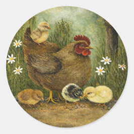 Adesivo Mother Hen with Chicks Feeding on Sunflower Seeds