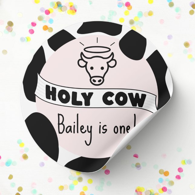 Adesivo Moto Festa de aniversário de vaca, Impressão, moin (Holy Cow birthday sticker custom name and age cow print pink cute modern bday favor stickers)