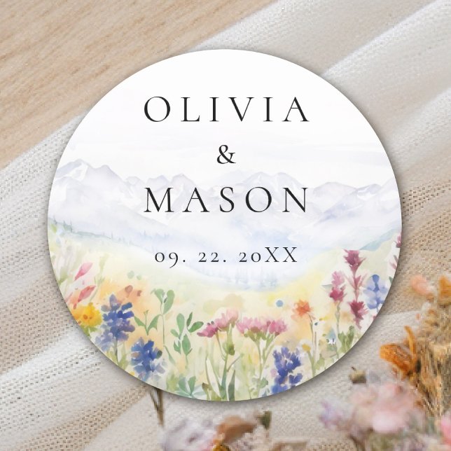 Adesivo Mountains Wildflowers Meadow Rustic Floral Wedding (mountains wedding sticker wildflowers meadow floral watercolor modern elegant rustic romantic)