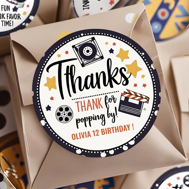 Adesivo Movie Night Thank You Sticker | Popcorn Birthday  (Criador carregado)