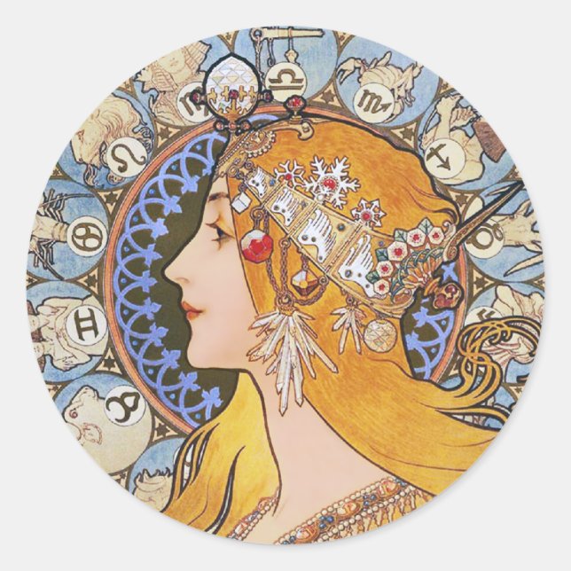 Adesivo Mucha Art Nouveau Poster - Zodiac - La Plume (Frente)