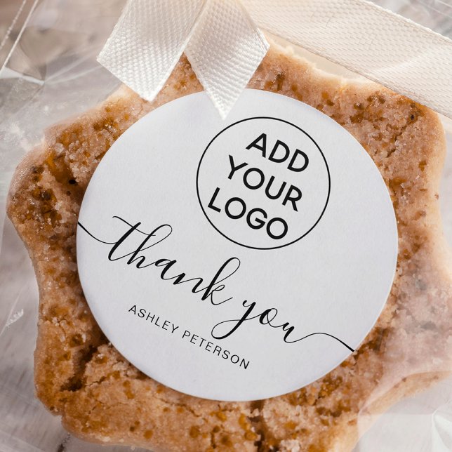 Adesivo Muito obrigado logotipo tipográfico preto simples (Thank you typography logo simple black white classic round sticker)