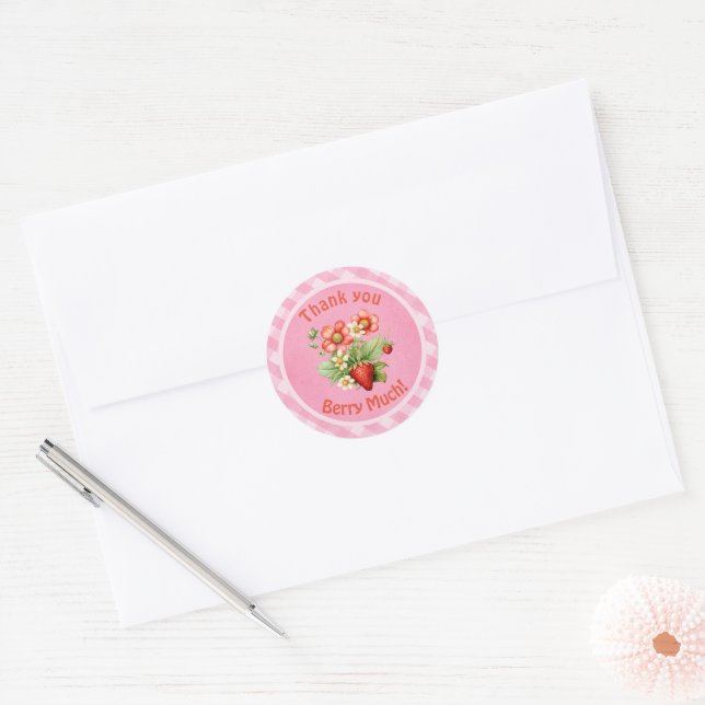 Adesivo Muito Obrigado Morango Rosa Xadrez (Envelope)