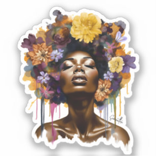 Adesivo Mulher afro-americana com cabelo afro floral (3)