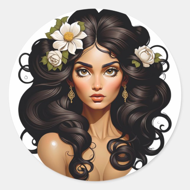 Adesivo Mulher com flores no cabelo. (Frente)