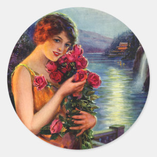 Adesivo Mulher do vintage com as rosas vermelhas no luar