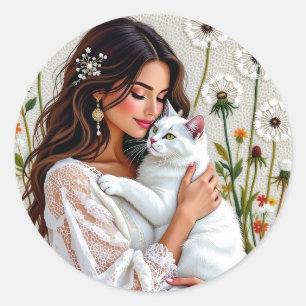 Adesivo Mulher e Gato Branco e Dandelions 