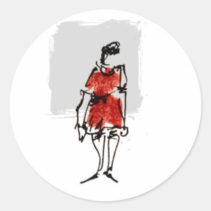 Adesivo Mulher em Vestido Vermelho Esboço Solto de Tinta