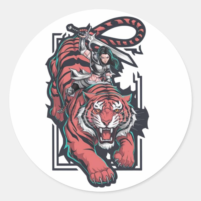 Adesivo Mulher guerreira no topo de um gigantesco tigre (Frente)