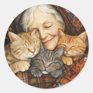 Adesivo Mulher Idosa Embarcando Três Gatos Cozy