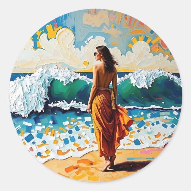Adesivo Mulher na Arte Abstrata de Praia à Beira-Mar (Frente)