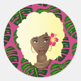 Adesivo Mulher Negra, Loura Afro, Folhas Tropicais, Rosa