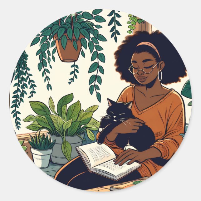 Adesivo Mulher Relaxando com seu gato, livro e plantas (Frente)