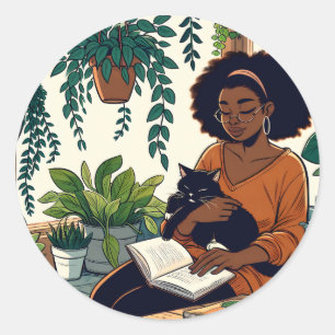 Adesivo Mulher Relaxando com seu gato, livro e plantas