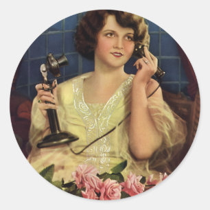 Adesivo Mulher Vintage falando nas flores do Rosa telefôni