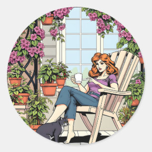 Adesivo Mulheres com Café, Gato e Plantas