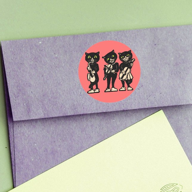 Adesivo Musical Vintage Black Cats (Three black cat musicians playing music on bright salmon colour round stickers.)