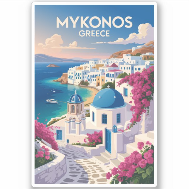 Adesivo Mykonos Greece Coast Travel Art Vintage (Frente)