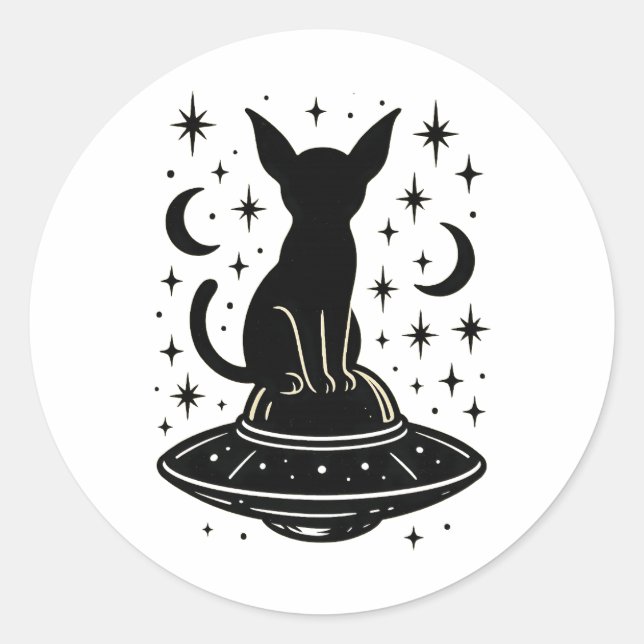 Adesivo Mystical Cat on UFO with Stars & Moons (Frente)