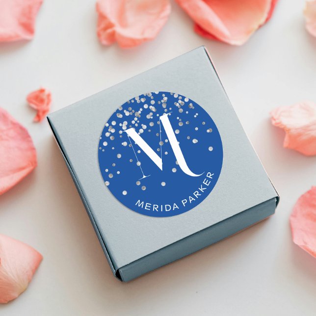 Adesivo Na moda Glam Silver Glitter Blue Name Monograma (Criador carregado)