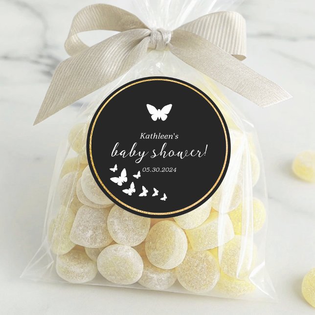 Adesivo Na moda, Preto E Branco, Chá de fraldas Neutro De  (Stylish Black And White Gender Neutral Baby Shower Classic Round Sticker)