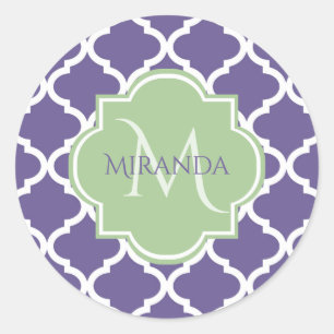 Adesivo Na moda Purple Quatrefoil e Nome Monograma Verde