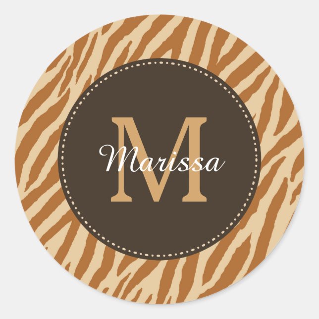 Adesivo Na moda Tawny Brown Zebra Print Monograma e Nome (Frente)