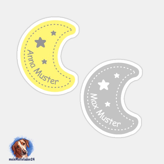 Adesivo Namensaufkleber Kleiner Mond | 24 Form - Aufkleber (Konturgeschnittene Namensaufkleber für Kinder - Kleiner Mond in gelb und grau, personalisierbar )