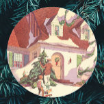 Adesivo Natais vintages, Casa da Família na Neve<br><div class="desc">Ilustração Vintage design de Natal Feliz com uma casa coberta de neve de inverno. Um pai e um filho estão pendurando luzes de Natal em uma árvore no jardim da frente. O menino está brincando com seu trenó ou toboggan.</div>