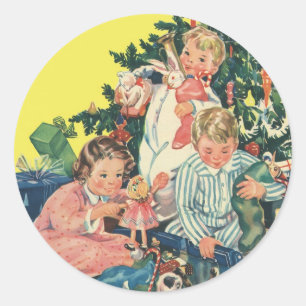 Adesivo Natais vintages de manhã, crianças abrindo present