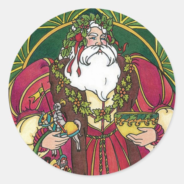 Adesivo Natais vintages, Papai Noel com Holly Leaves (Frente)